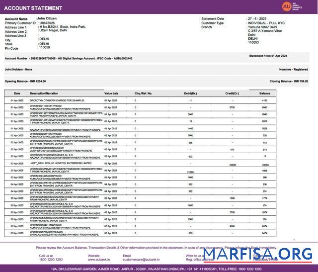 Blank India AU Small Finance bank account statement word example